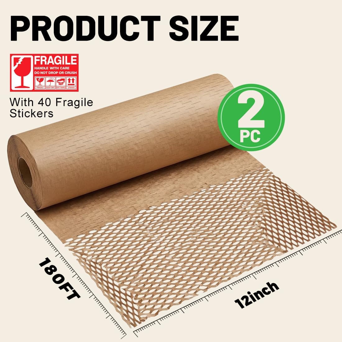 SMART&CASUAL Honeycomb Packing Paper 12" W x 180' L (2Pcs) Bubble Cushioning Wrap for Packing Moving Product Gift Wrapping Paper Recyclable Biodegradable Shipping Packing Materials (40 Stickers)