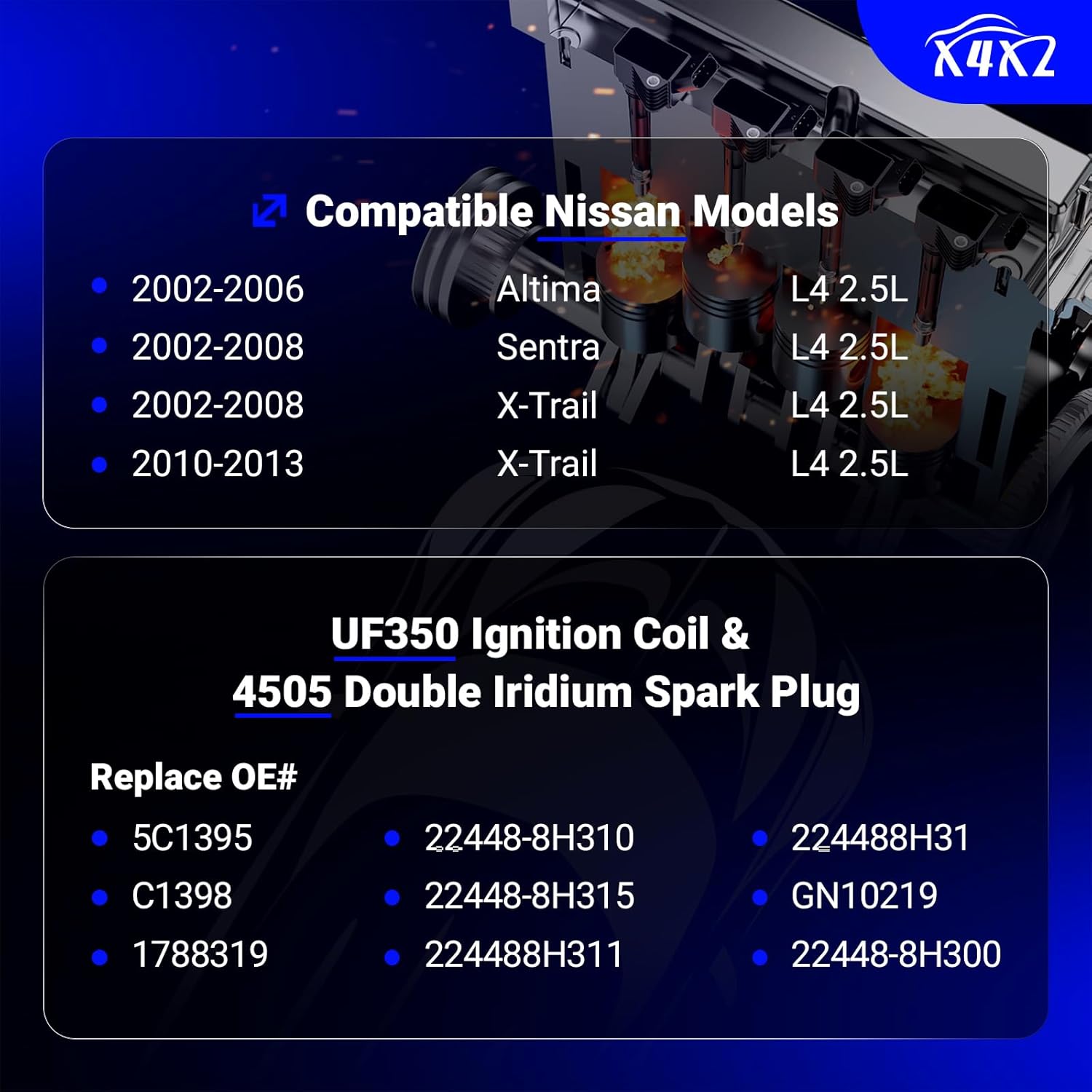 UF350 Ignition Coil & 4505 Double Iridium Spark Plug for 2002-2006 Nissan Altima,2002-2008 Nissan Sentra,2002-2013 X-Trail 2.5L L4 5C1395, C1398,22448-8H310, 22448-8H315,224488H311,22448-8H300 UF350 Ignition Coil + Spark Plug