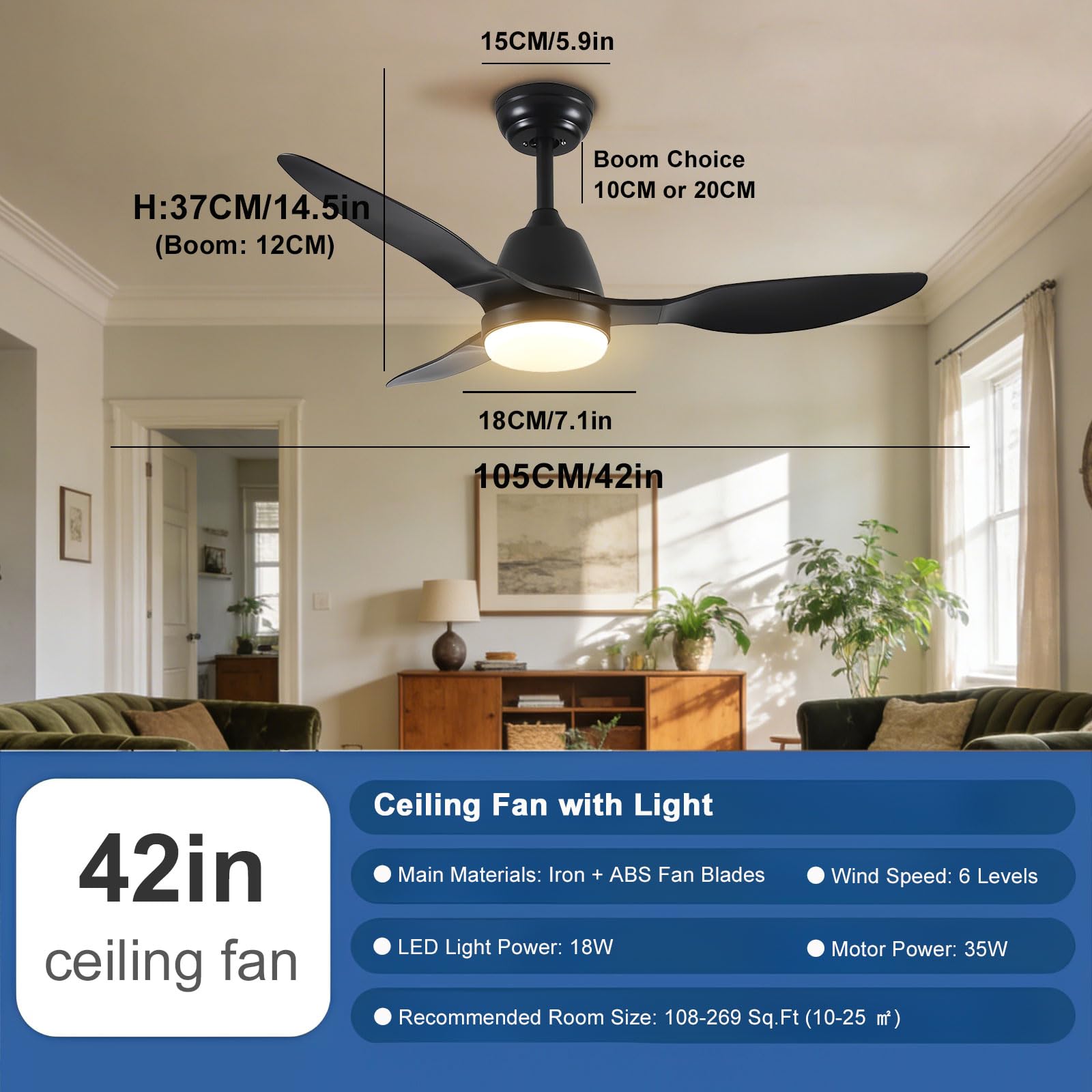 Ventilador de Techo Moderno Negro con luz, silencioso, Regulable, con Control Remoto Inteligente/App/Voz, 6 velocidades, Ideal para Dormitorio, Comedor y Sala de Estar.