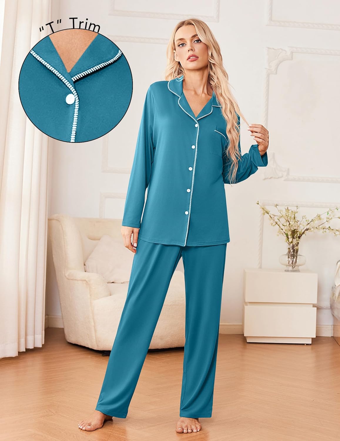 Ekouaer Womens Pajama Sets 2 Piece Long Sleeve Sleepwear Soft Button Down Pjs Lounge Set S-XXL - Image 2