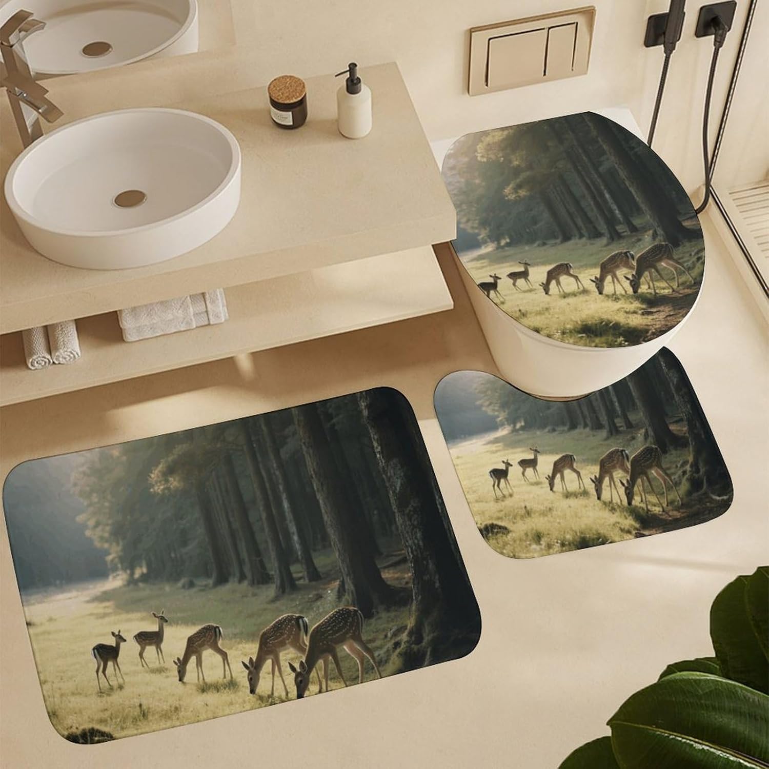 Deer Shower Curtain Set 4 Piece, Non-Slip Bath Mat with Toilet Lid Cover and Waterproof Shower Curtain with 12 Hooks, Complete Bathroom Set for Home Decor