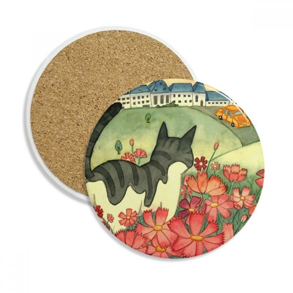 Coaster en céramique chat et fleurs multicolore 2pcs par DIYthinker