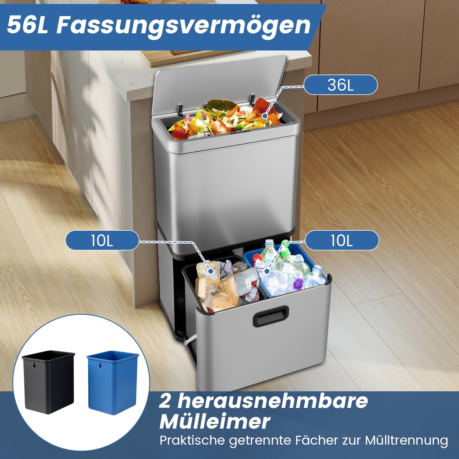 Keukenafvalemmer, Metalen Pedaalemmer, 3-Ä°n-1 Afvalemmer, 24 Liter Afvalscheiding Afvalscheidingssysteem Eenvoudig Te Reinigen Staal Zwart
