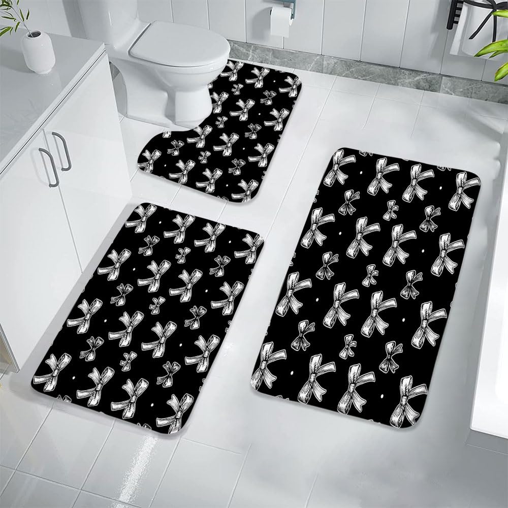 VPUPCN 3 Pcs Bath Rugs Set,Black Bow Bath Mat Cute Bowknot Fashion Romantic Modern Aesthetic for Girls Bathroom Non Slip Mats Bedroom Floor Mat Living