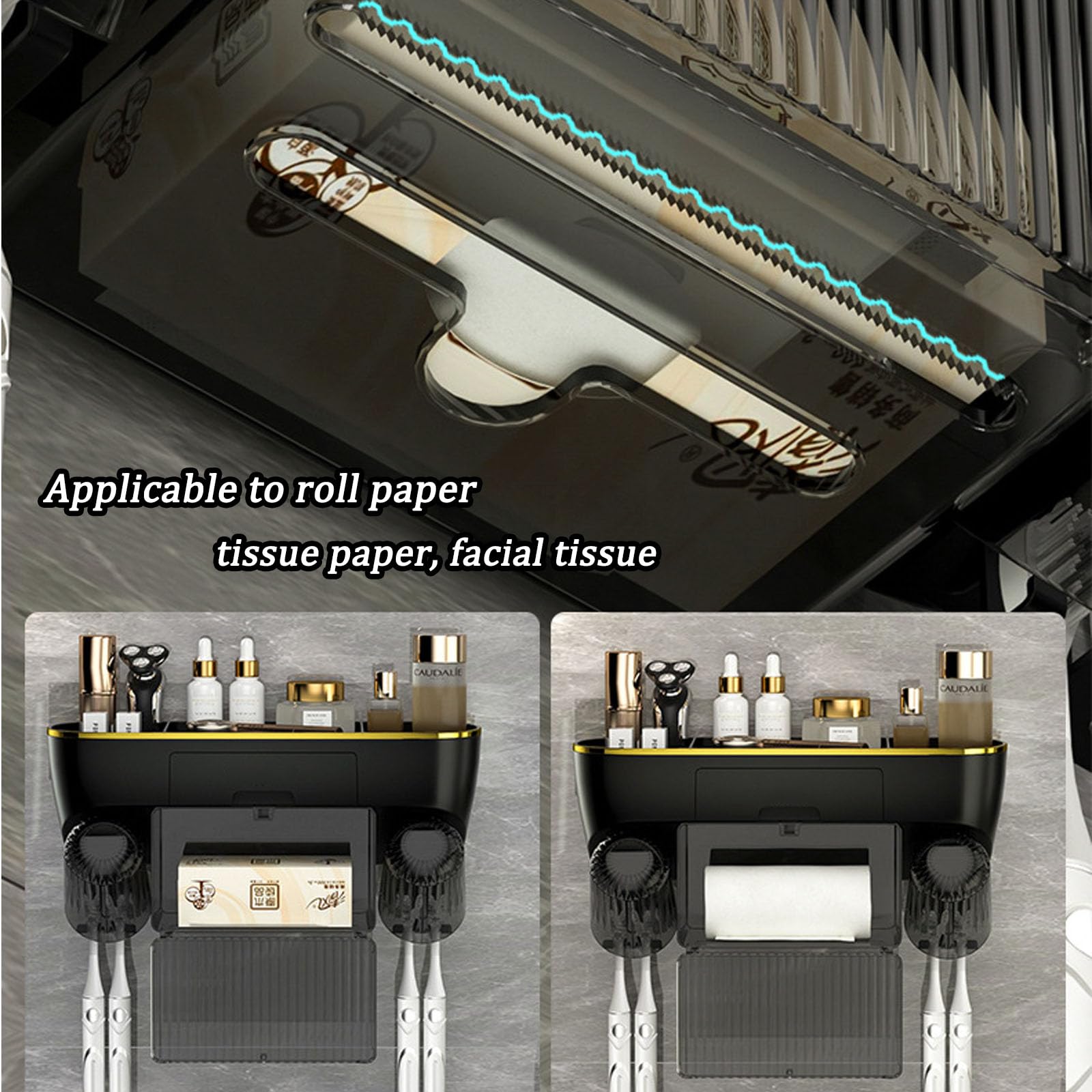 Portaspazzolini da Parete con Distributore di Dentifricio, Set Portaspazzolino Organizer da Bagno con Scatola di Fazzoletti, Adatto per L'installazione su Pareti Piatte-Black
