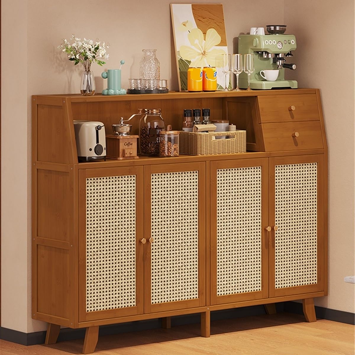 Mueble aparador Aparador de Cristal Estilo Retro for Cocina y salón. Unidad almacenaje integrada Cuatro Puertas, pie o for Colgar en la Pared Mesa de Centro Consola