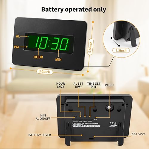 Miniatura 4 de Timegyro Reloj despertador digital LED de pared, pantalla de tiempo LED de 1.4 pulgadas, reloj opetado de batería, brillo ajustable para dormitorio,