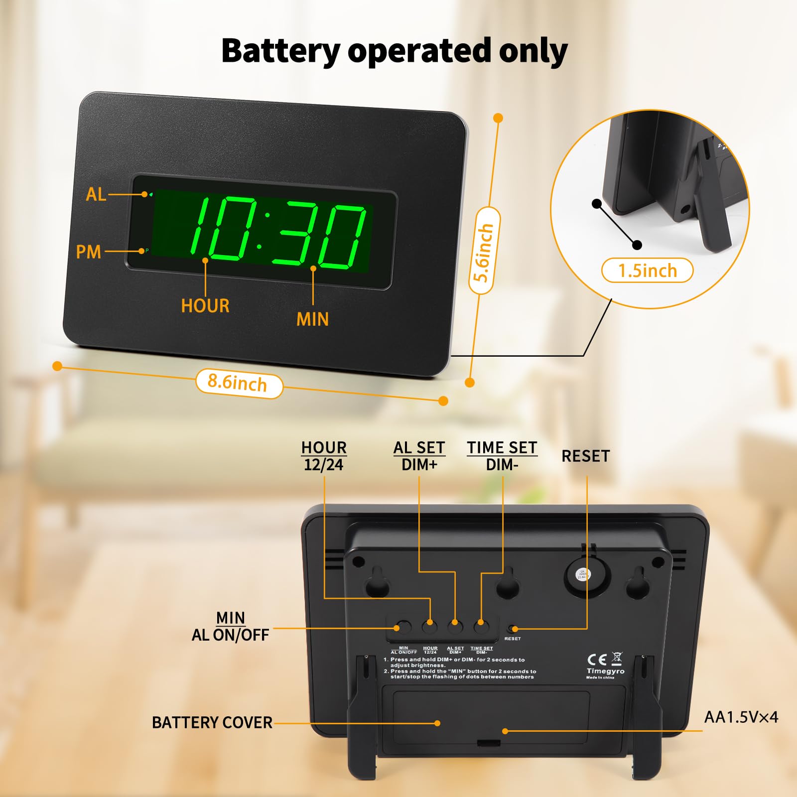 Horloge murale numérique à piles avec écran LED, rétroéclairage, support de table, alarme, luminosité réglable, 12/24 heures