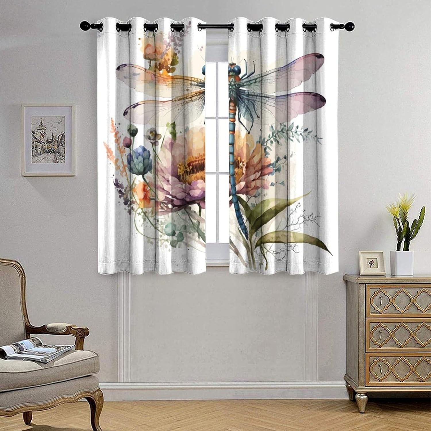 Watercolor Wildlife Dragonfly Blackout Curtains for Bedroom,Farmhouse Spring Garden Theme Dragonfly Floral Grommet Thermal Insulated Room Darkening Curtains 63L x 21W,2 Panels