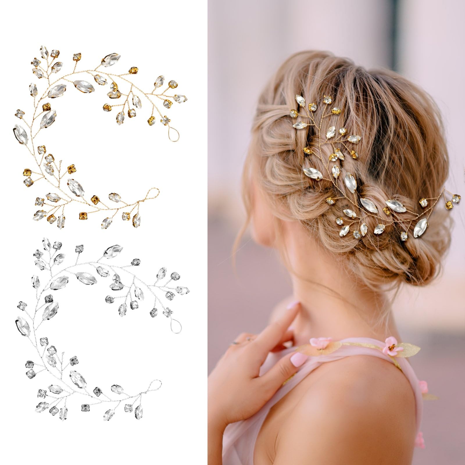 Bekecidi 2 Piezas de Tiara Nupcial con Diamantes de Imitación, Tocados para Novia, Boda, Diadema de Cristal Dorado Plateado, Accesorios para Peinados para Mujeres y Niñas