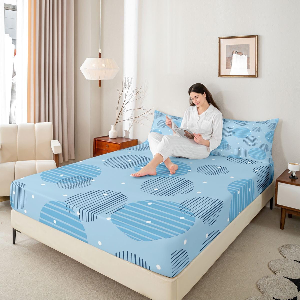 Erosebridal Geometric Fitted Sheet Full Circle Bed Sheets for Kids Teens Baby Blue Bedding Set Bohemian Abstract Sheets with Pocket