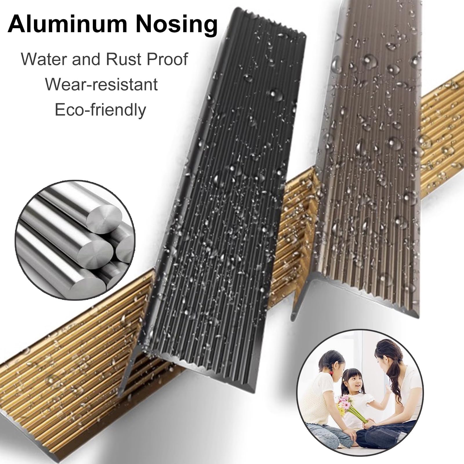 Goldene Treppenkantenkante, 5 Stück, robuste Aluminium-Bordüre, rutschfest, für Laminatböden, 5,1 cm breit x 111,8 cm lang, wasserdichter Trittschutz für den Innen- und Außenbereich