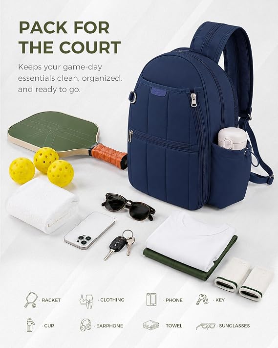 Quilted Pickleball Bag for Women & Men Sling Crossbody Backpack Waterproof Pocket & Fence Hook Racket Bags