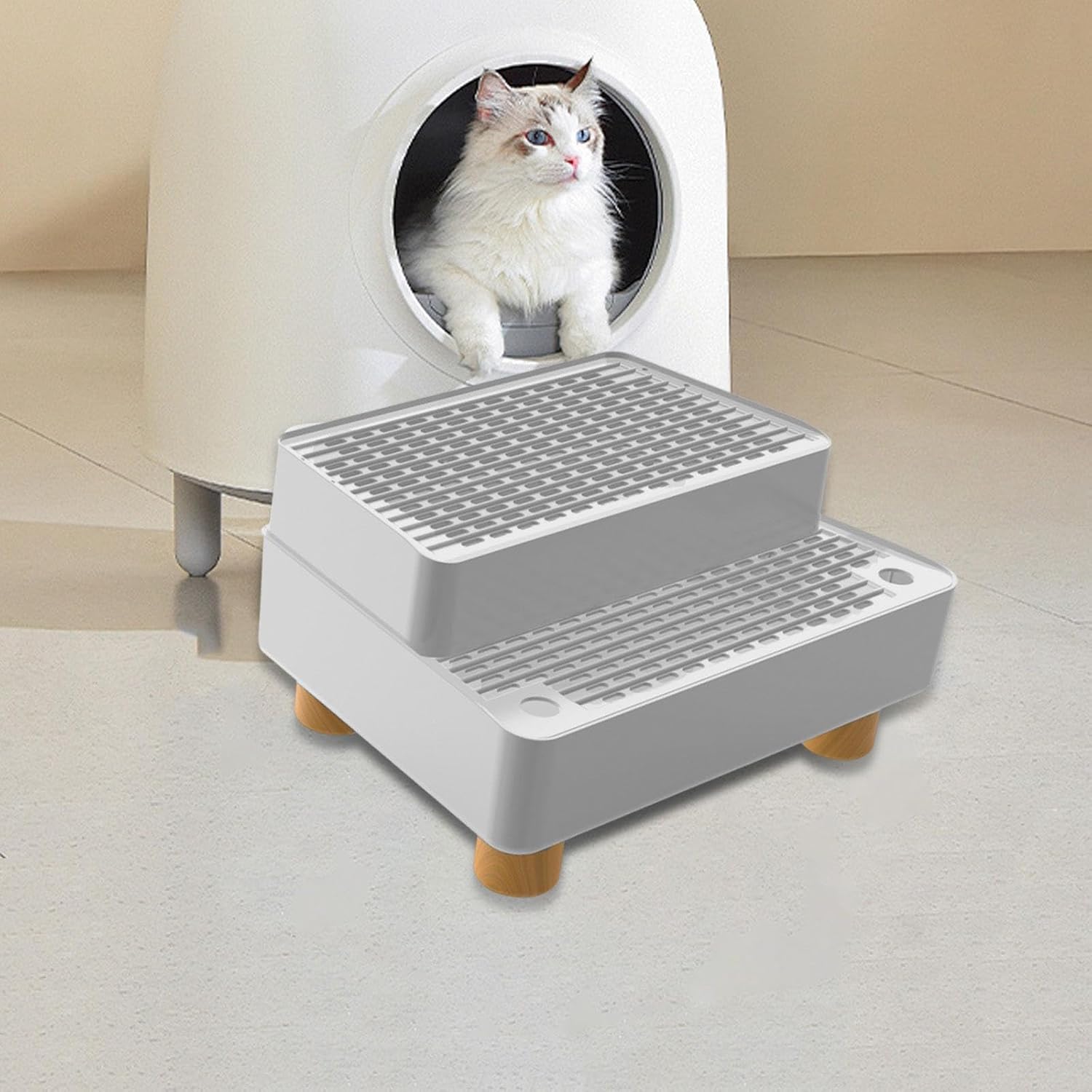 2 Ramp, Removable Step Stool with Mat, Waterproof Material and Non-Slip Bottom for Pet Cat, Kitten, Light Grey