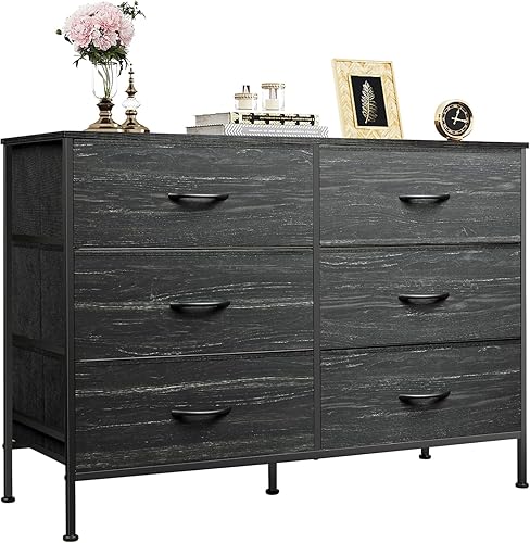 Miniatura 13 de WLIVE Cómoda para dormitorio con 6 cajones, cómoda ancha para TV de 50 pulgadas, con cajones de tela, marco de metal, parte superior de madera,