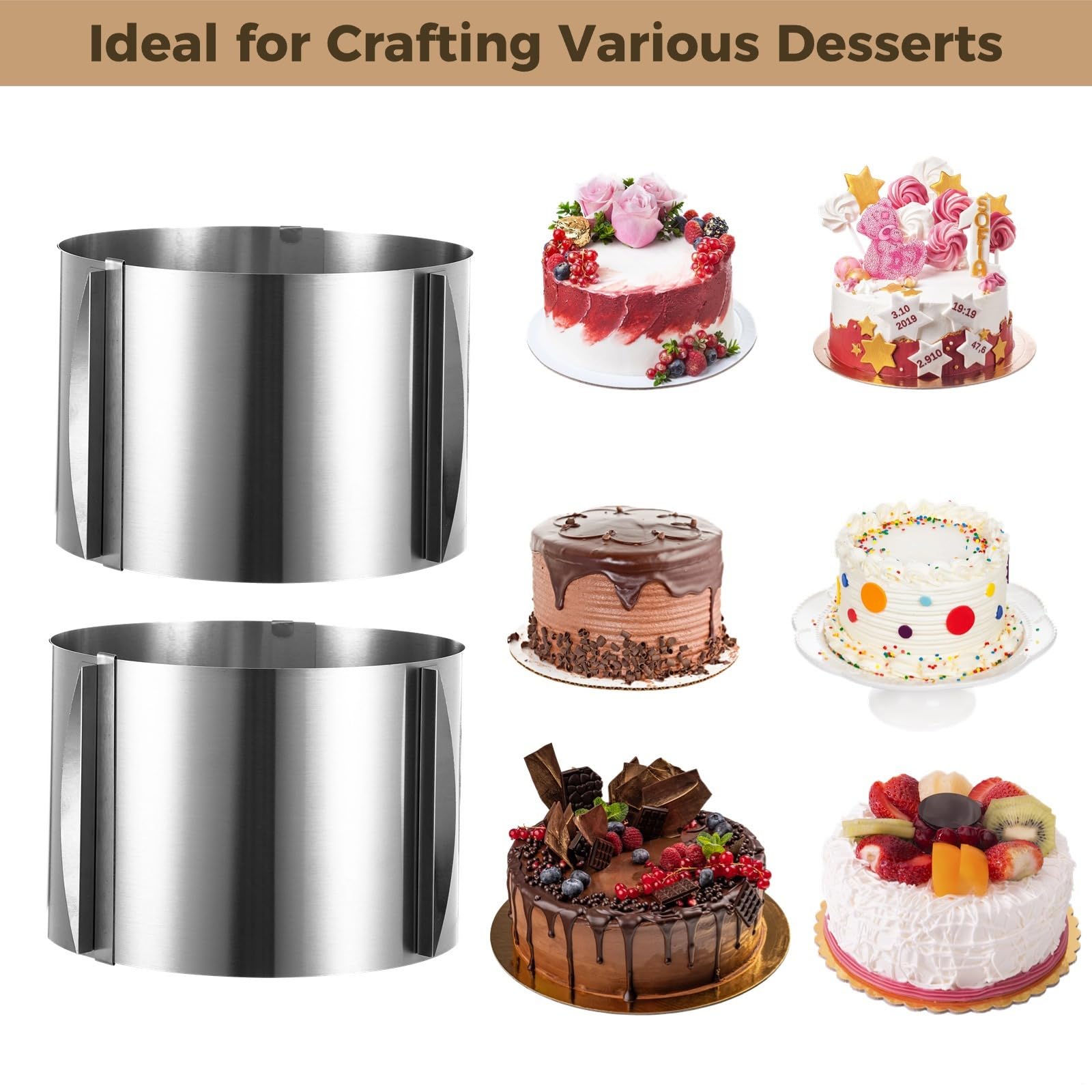 Verstellbare runde Kuchenringe mit Skalierung, 15,2 - 30,5 cm, 2 Stück Kuchenformen, Edelstahl-Kuchen-Backzubehör, Backzubehör, Mousse-Backformen für selbstgemachte Desserts