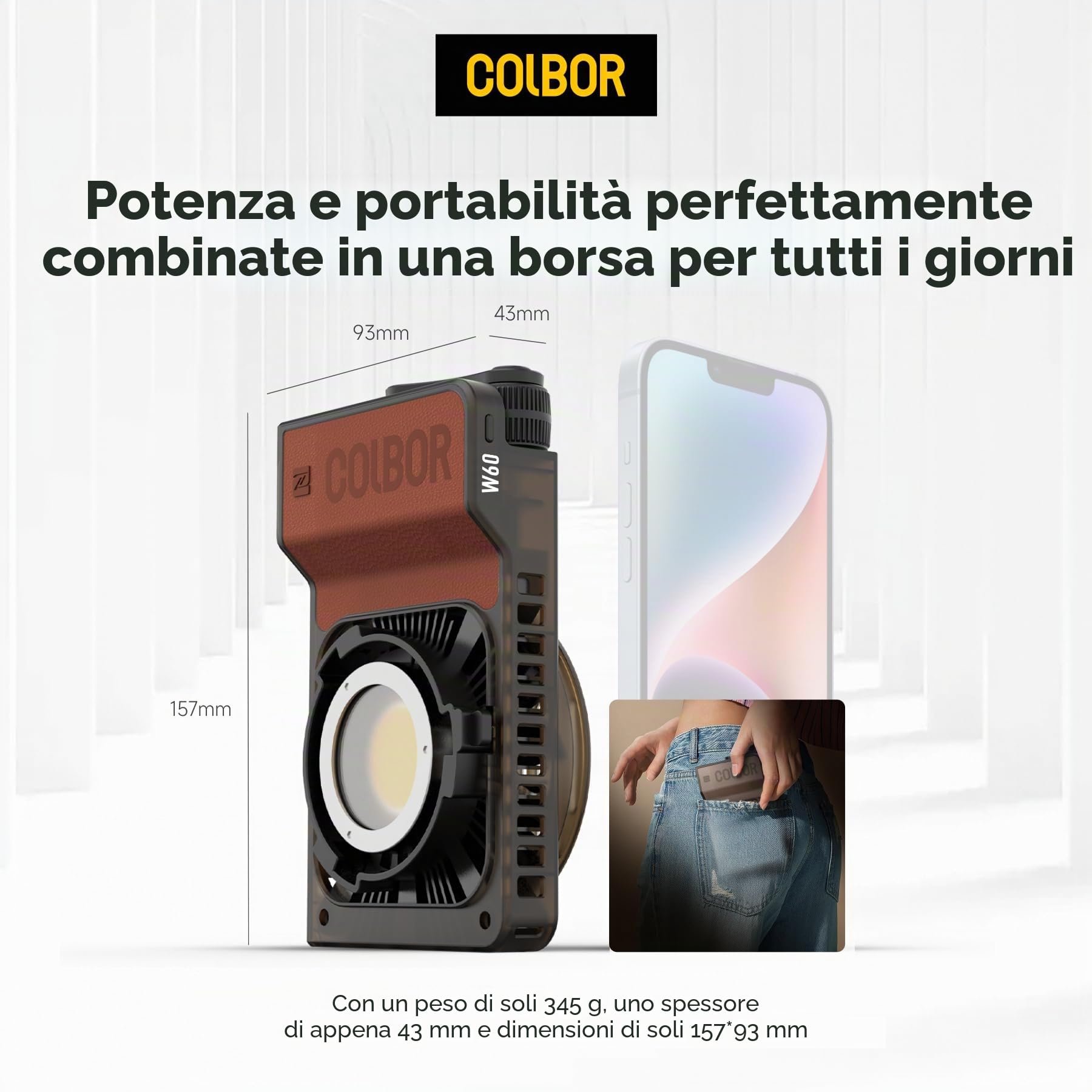 Lampada video, COLBOR W100, 2700-6500K, CRI 97+ 100W, piccola luce a intensità variabile, controllo per applicazione, luce fotografica compatta per Vlog Youtube con batteria carica
