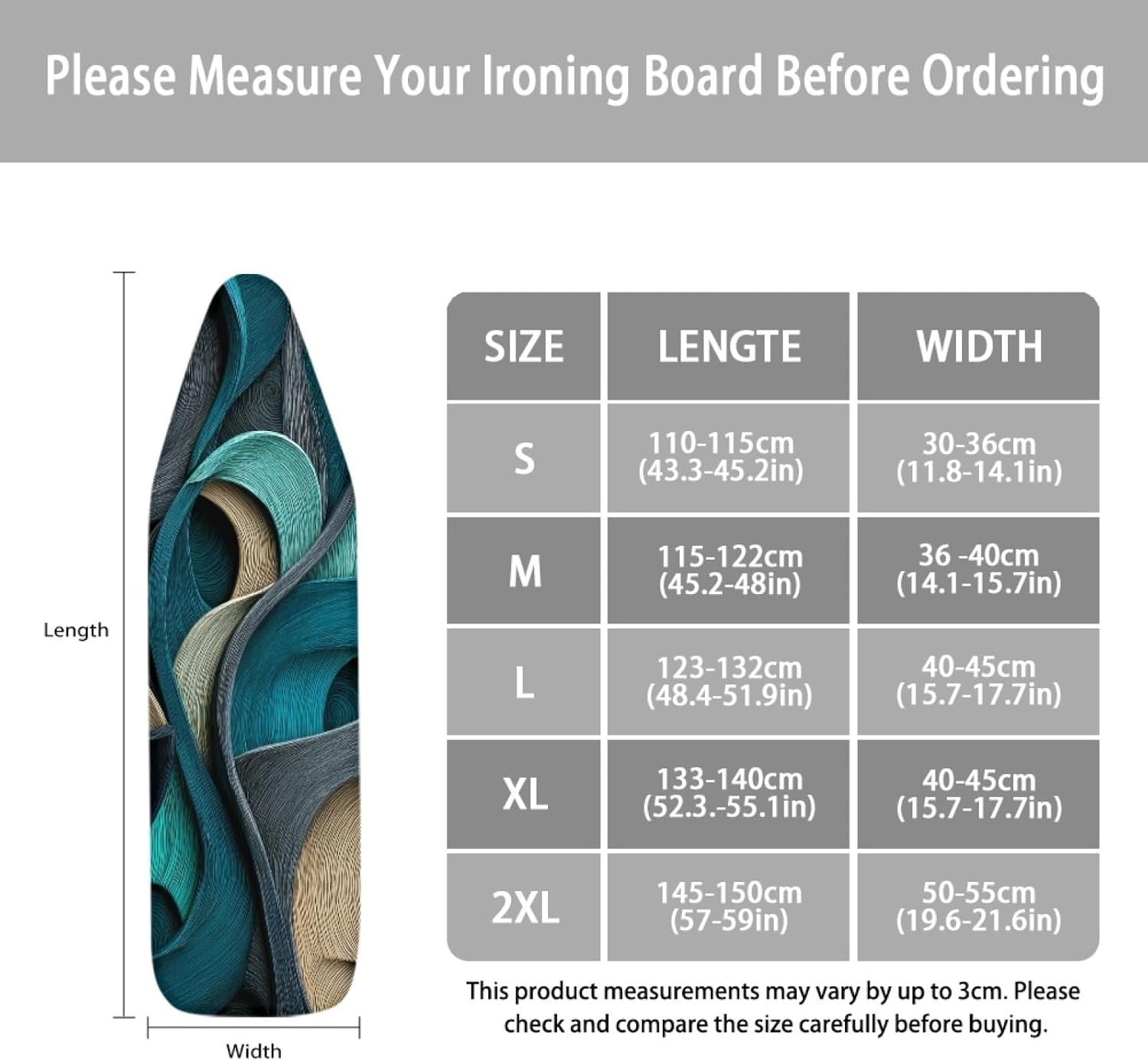 Iron Board Cover with Padding Standard Size Blue Gray Waves Padded Ironing Board Covers 15x54 Heat Reflective Extra Thick Wide Non Stick Scorch and Stain Resistant Heatproof