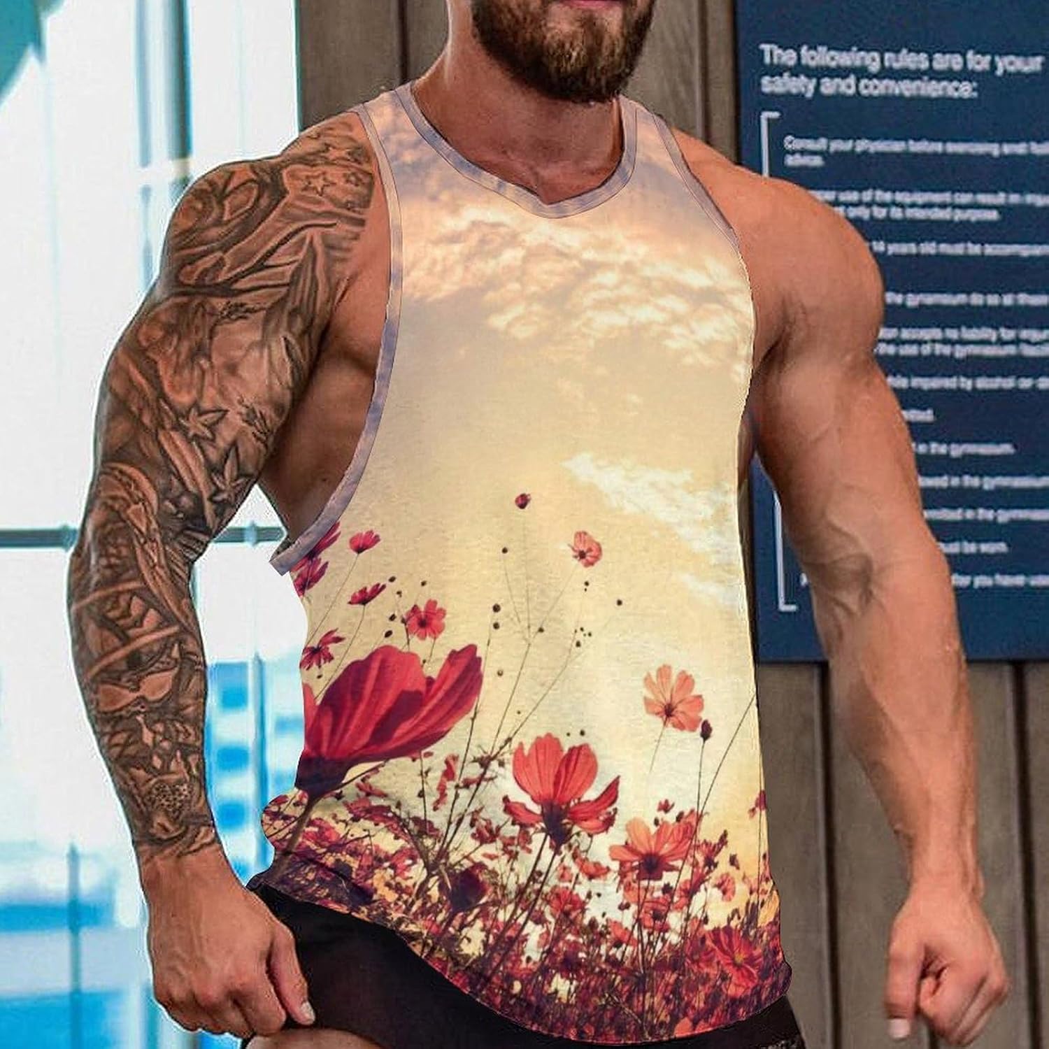 Beautiful Pink Red Flower Mens Tank Tops Sleeveless Muscle Shirts Beach Casual Gym Shirt Vest Tee Tops