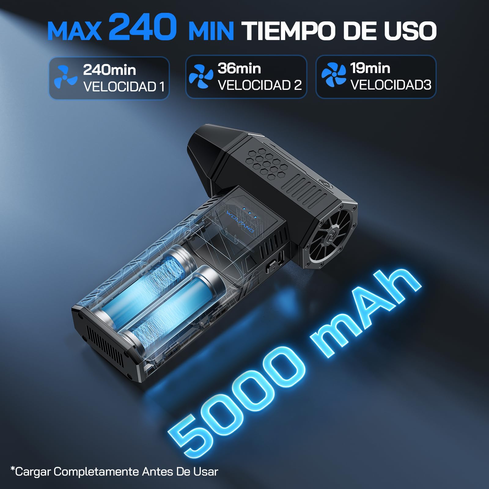 WOLFANG Soplador de aire eléctrico inalámbrico de 110000 rpm, Aire Comprimido Limpieza PC Soplador de Aire, mini soplador ajustable de 3 engranajes con carga rápida para PC, Limpieza Coche