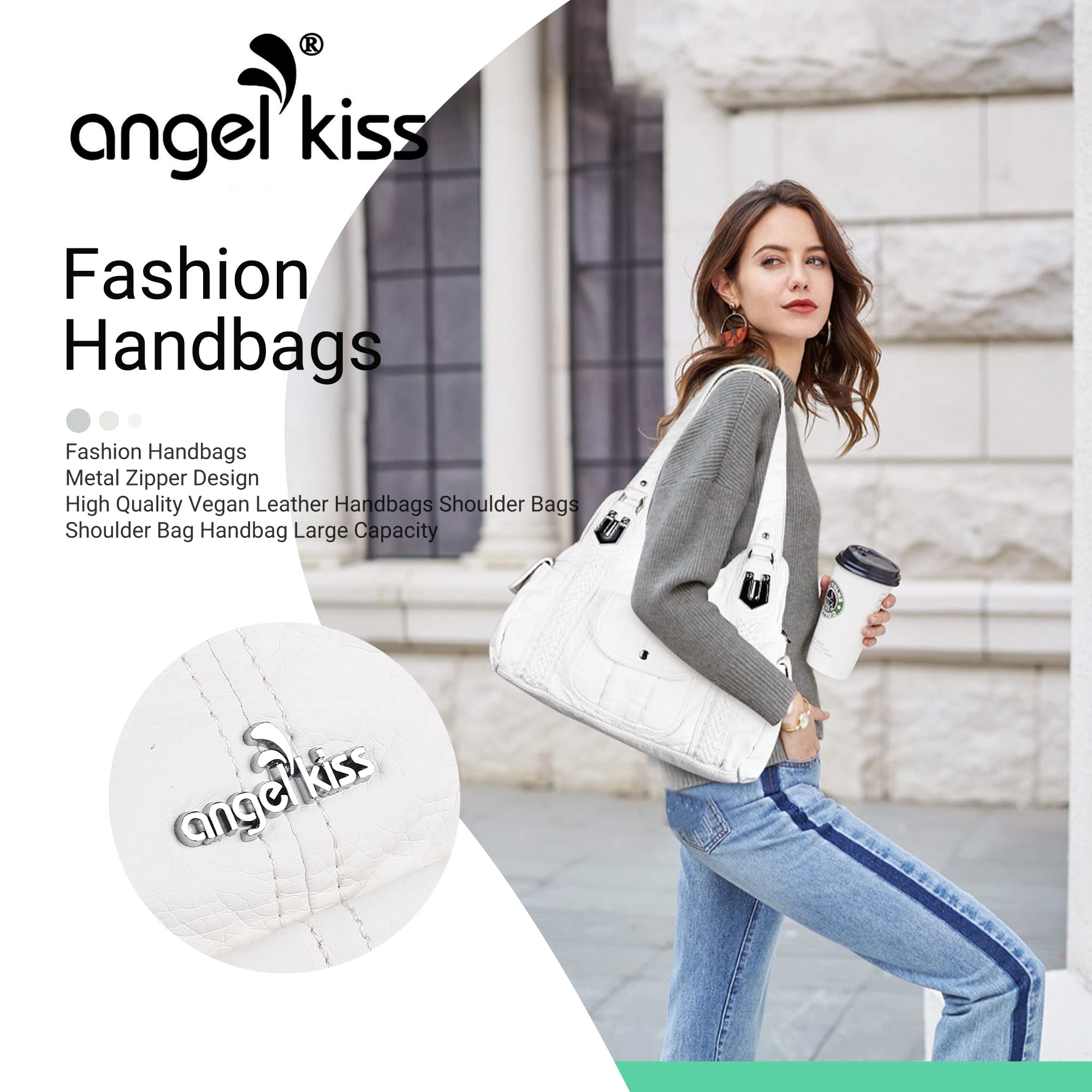 Angelkiss Purses and Handbags for Women Washed Vegan Leather Crossbody Hobo Satchel Shoulder Tote Purse(White)