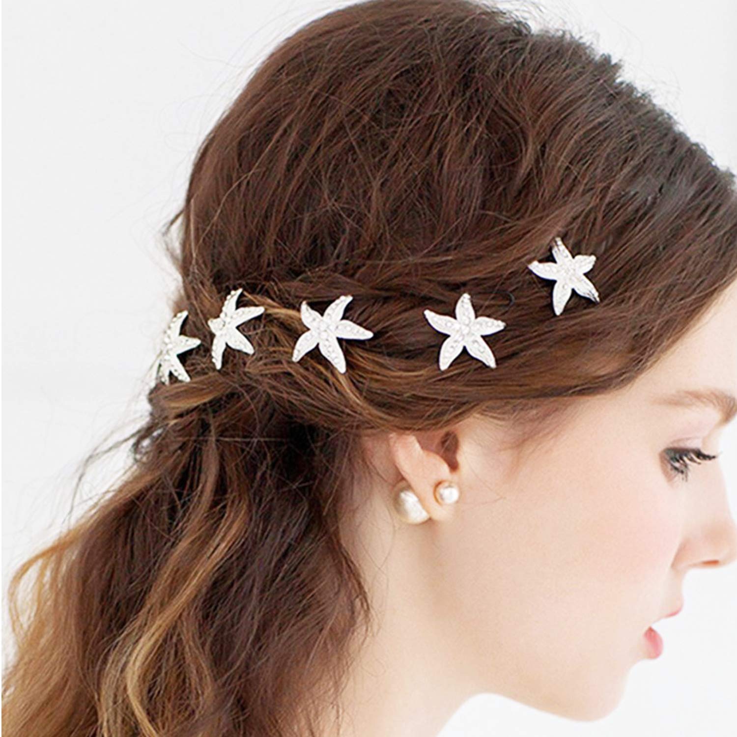 Wohlstand 10 Pcs Hair Pins,Starfish Hairpin,U Shaped Diamond Hair Pins,Crystal Bride Hair Clip,Jewelry Hair Accessories Women Headdress for Beach Themed Wedding, Party