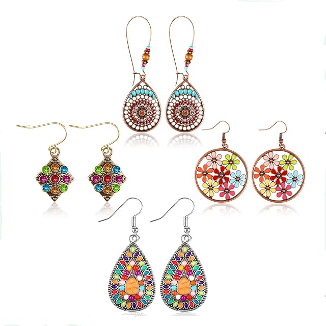 Bohemian Earrings Set, 4 Pairs Women's Vintage Boho Statement Earrings, Retro Rhinestone Dangle Hook Earrings with Colorful Beads, Cloth Flower, Long Beaded Earrings Holiday Earrings for Women Girl