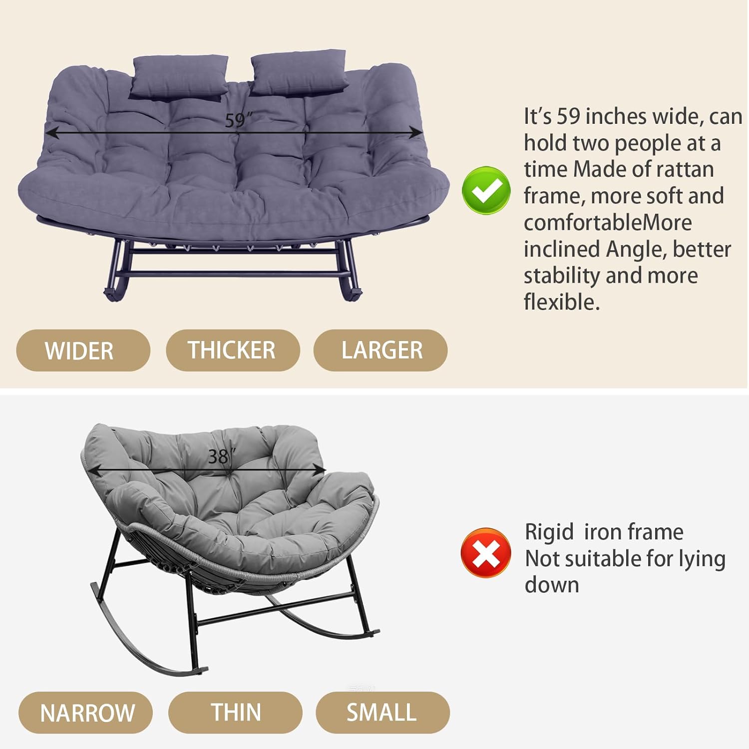 Oversized Outdoor Rocking Papasan Chair,Double Patio Rocking Chair for 2-Person,Loveseat Rocker with Thick Cushion&Rattan Frame,Large Lounge Chair for Outdoor Balcony Garden (Gray)