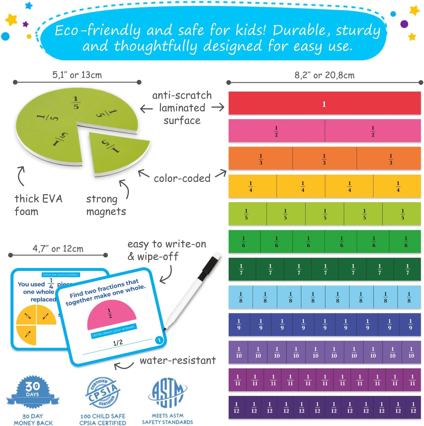 178 PCS Magnetic Fraction Circles & Fraction Tiles - Magnetic Fraction Strips & Bars Fraction Magnets Set Kit, Fraction Manipulatives Class Set, Fractions for Kids, Math Manipulatives - Simply Magic
