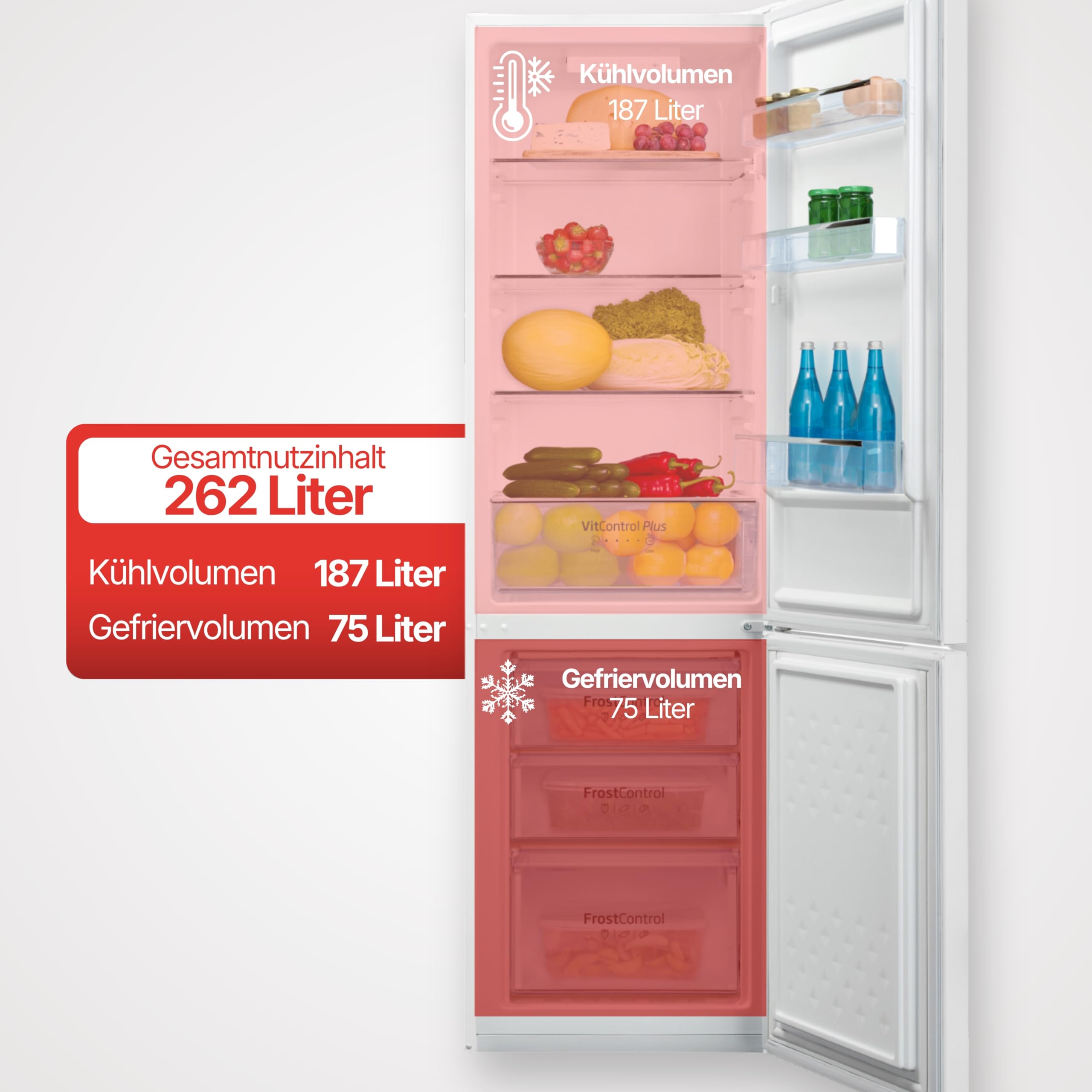 Amica Kühl-Gefrierkombination 262 L 176x54x55 cm KGCL 387 150 W | 187 L Kühlteil, 75 L Gefrierteil, FrostControl, VitControlPlus, Superkühlfunktion, Supergefrierfunktion, LED Display
