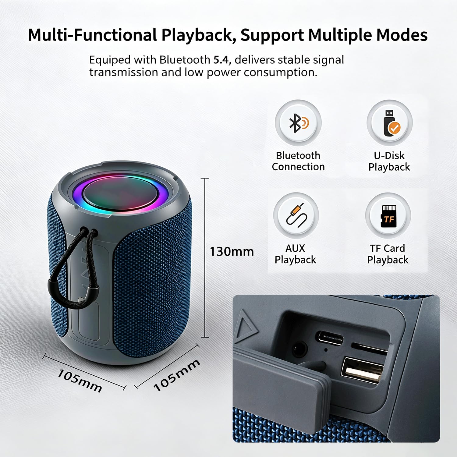 Altoparlante Bluetooth portatile per esterni, con 50 W, impermeabile IPX7, senza fili, con luce RGB, Bluetooth 5.4, TWS stereo, supporta TF/USB/AUX per campeggio, spiaggia, piscina, blu