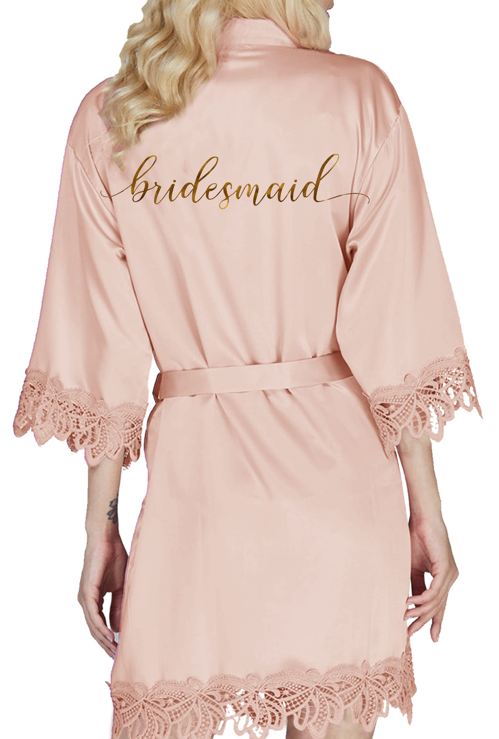 Y Wjing Yi Jia Women's Blush-B Bride Robe Kimono Robes Satin Bridesmaid Wedding Party Robes Bridal Morning Robe Silk Robes Lace Trim Silky Dressing Gown Monograms