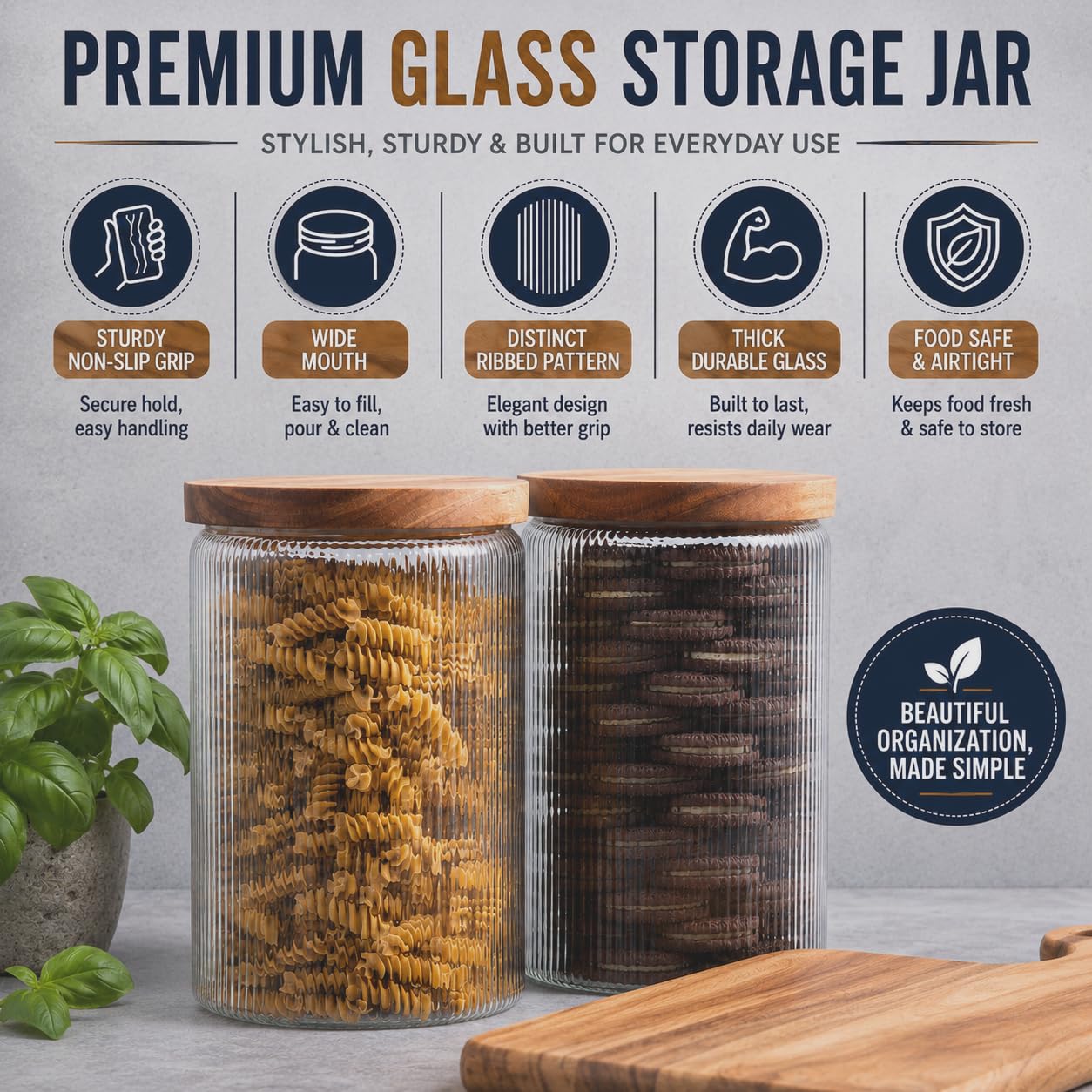 Mason & Fable Barattolo in vetro a coste con coperchio in legno, 2,1l, set da 2, contenitore ermetico scanalato per biscotti, pasta, caffè, dolcetti per cani, snack, contenitori organizzativi