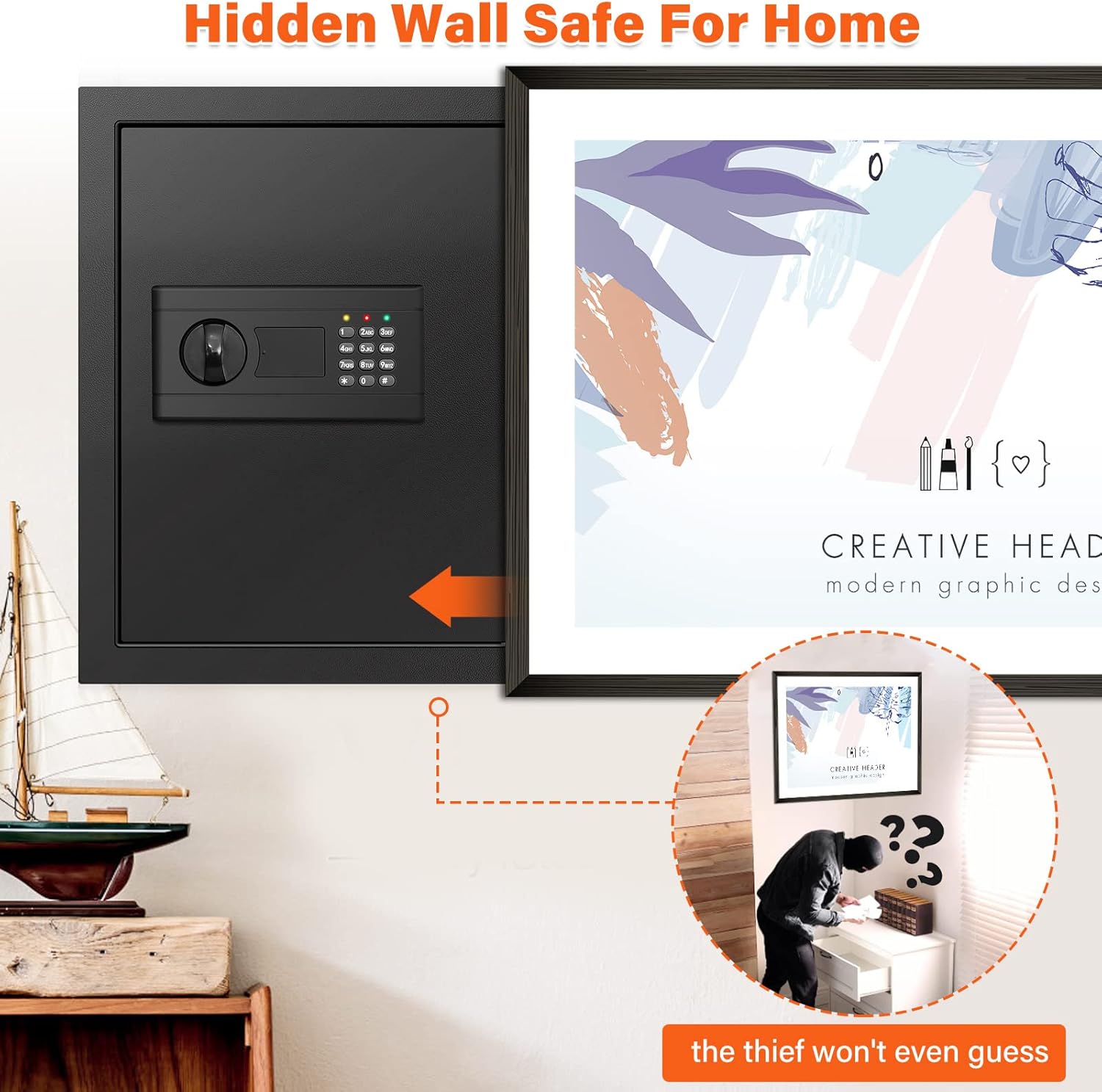 17.7" tall wall safes between the studs 16" centers, hidden wall safe with 2 removable shelf & hidden tray, in wall mount safe for money, jewelry, passport, valuables 17.7" tall black