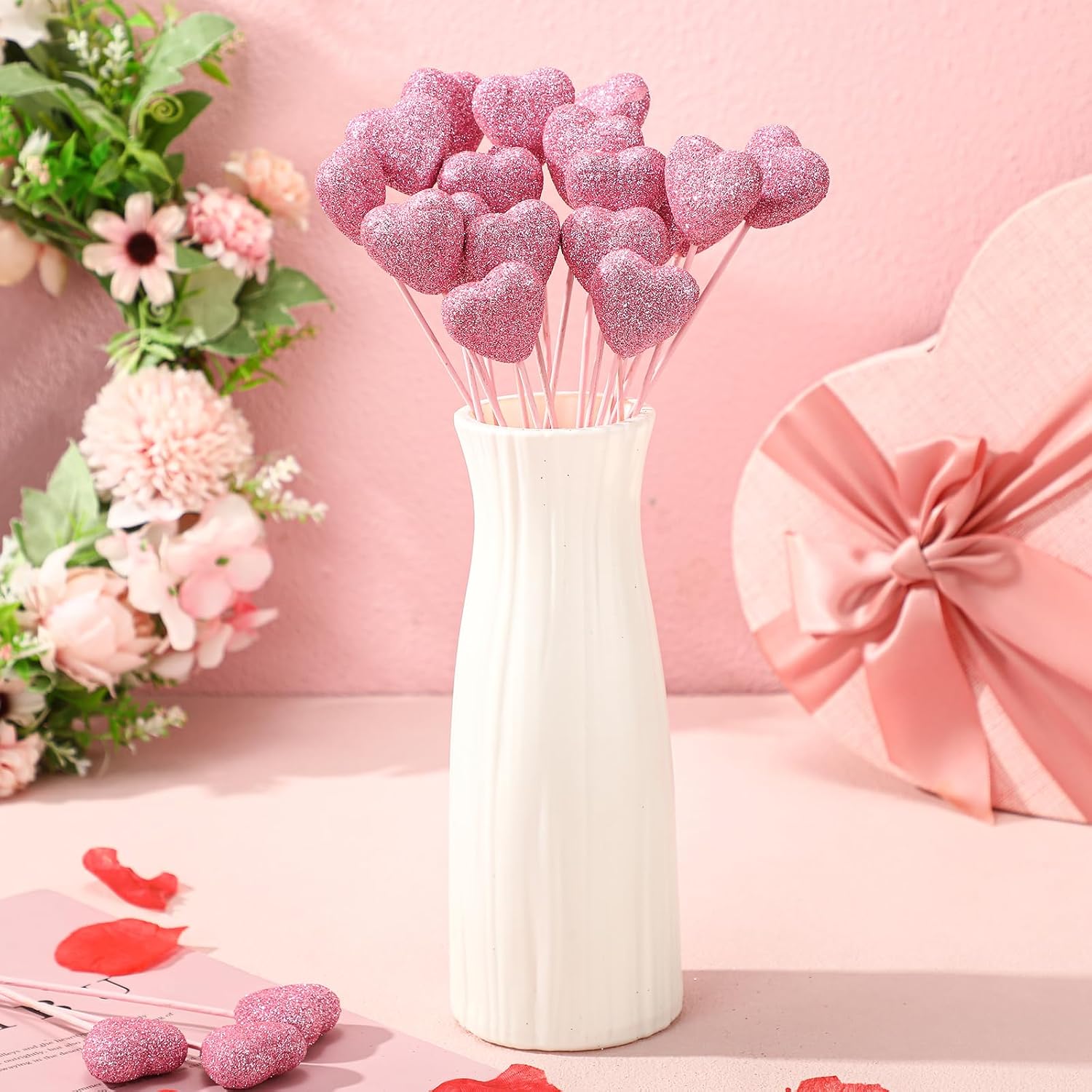 6 Pcs Glitter Foam Hearts Sticks Foam Heart Picks Sparkly Hearts Stems Puffy Heart Wooden Picks for Wedding Decorations Flower Arrangements Crafts (Pink)