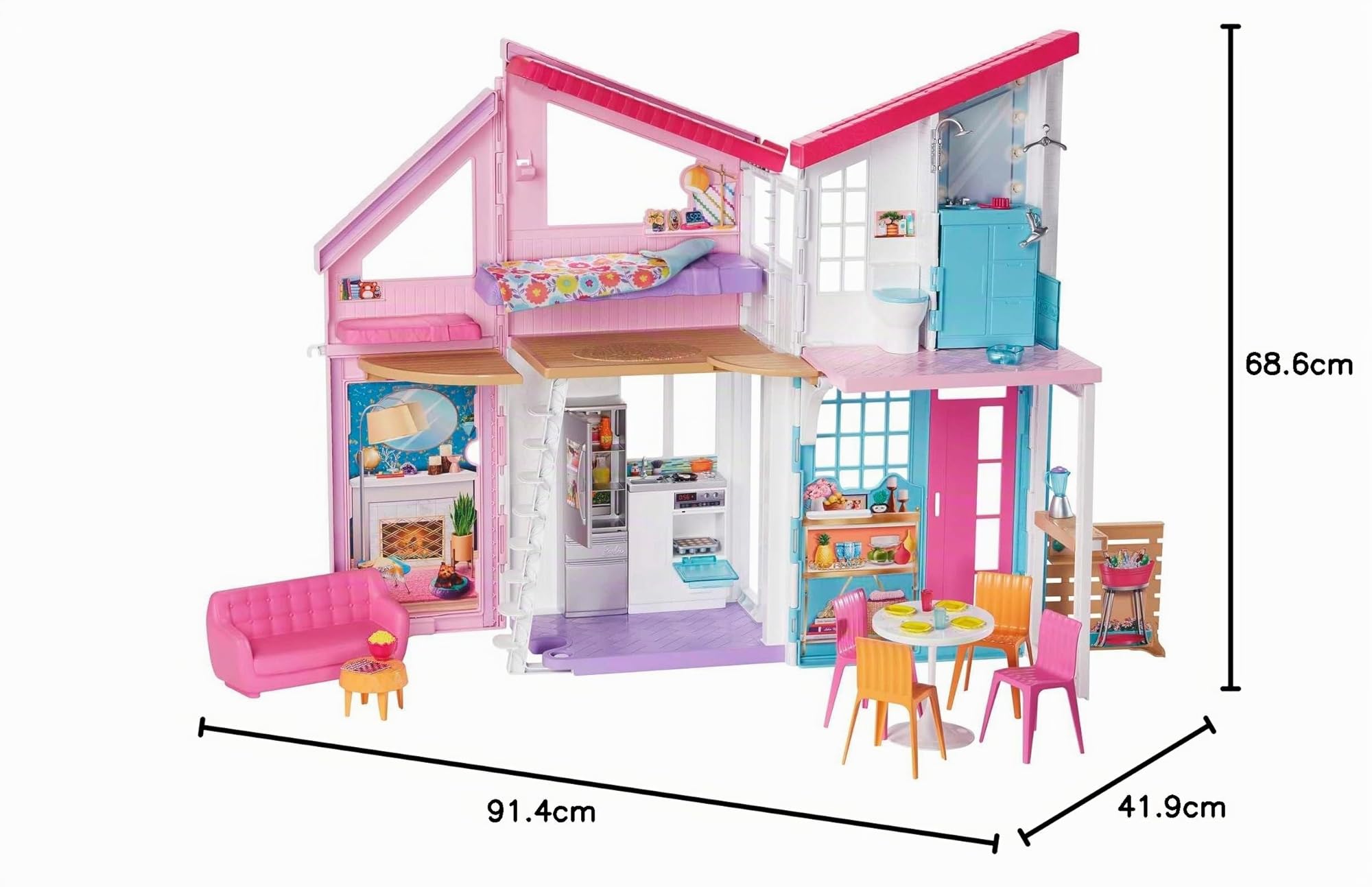 Barbie Malibu Haus, zweistöckige Traumvilla, mit 6 Zimmern, 25 Zubehör, Puppen, als Geschenk für Kinder ab 3 Jahren geeignet, FXG57