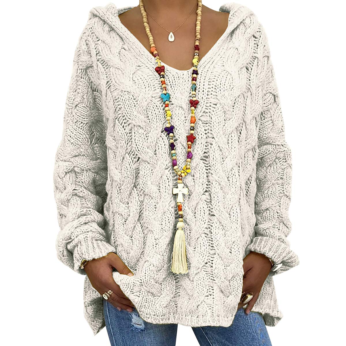 Peuignao Women's Beige Oversized Cable Knit V Neck Jumper Long Jumpers For Baggy Fluffy Knitted Jumpers Sweater Hooded Pullover Hoodie Sweaters Pullovers Thick Loose Lady Jumpers M