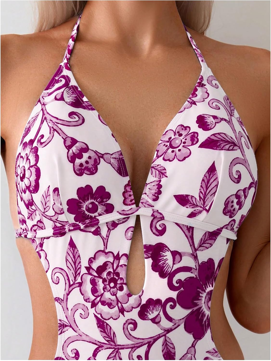 OYOANGLE Women's Floral Print Halter Neck One Piece Swimsuits Cut Out tie Backless Bathing Suit Beach Monokini