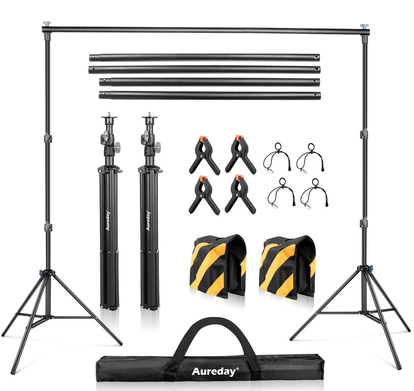 Aureday Backdrop Stand, 8.5x10Ft Adjustable Photo Backdrop Stand Kit with 4 Crossbars, 4 Spring Clamps, 6 Elastic Spring Clips, 2 Sandbags, and Carry Bag for Parties/Weddings/Photography/Decoration