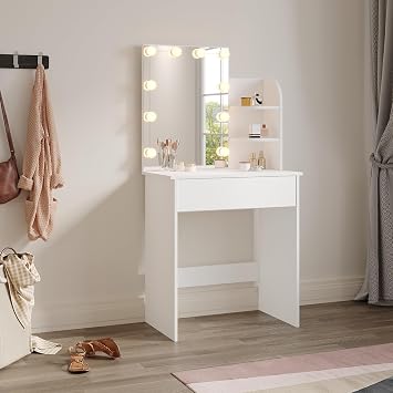 Dressing Table with LED Lights Mirror, Vanity Table with Dimming & 3 Color Modes, Wooden Modern Makeup Desk with1 Drawer 3 Shelves for Bedroom, 70x40x140cm, White