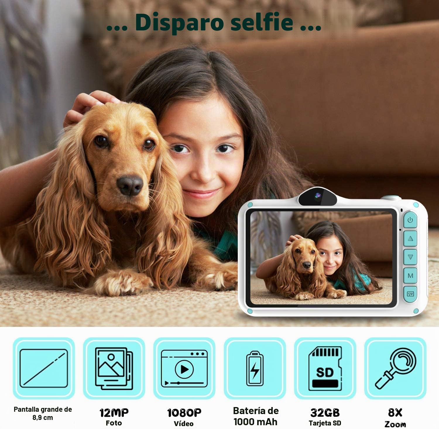 Cámara infantil, pantalla grande de 3,5 pulgadas, cámara digital para niños con tarjeta de 32 GB, 1080P HD 12 MP, anticaída, recargable por USB, cámara selfie para niños de 3 a 12 años, regalo de