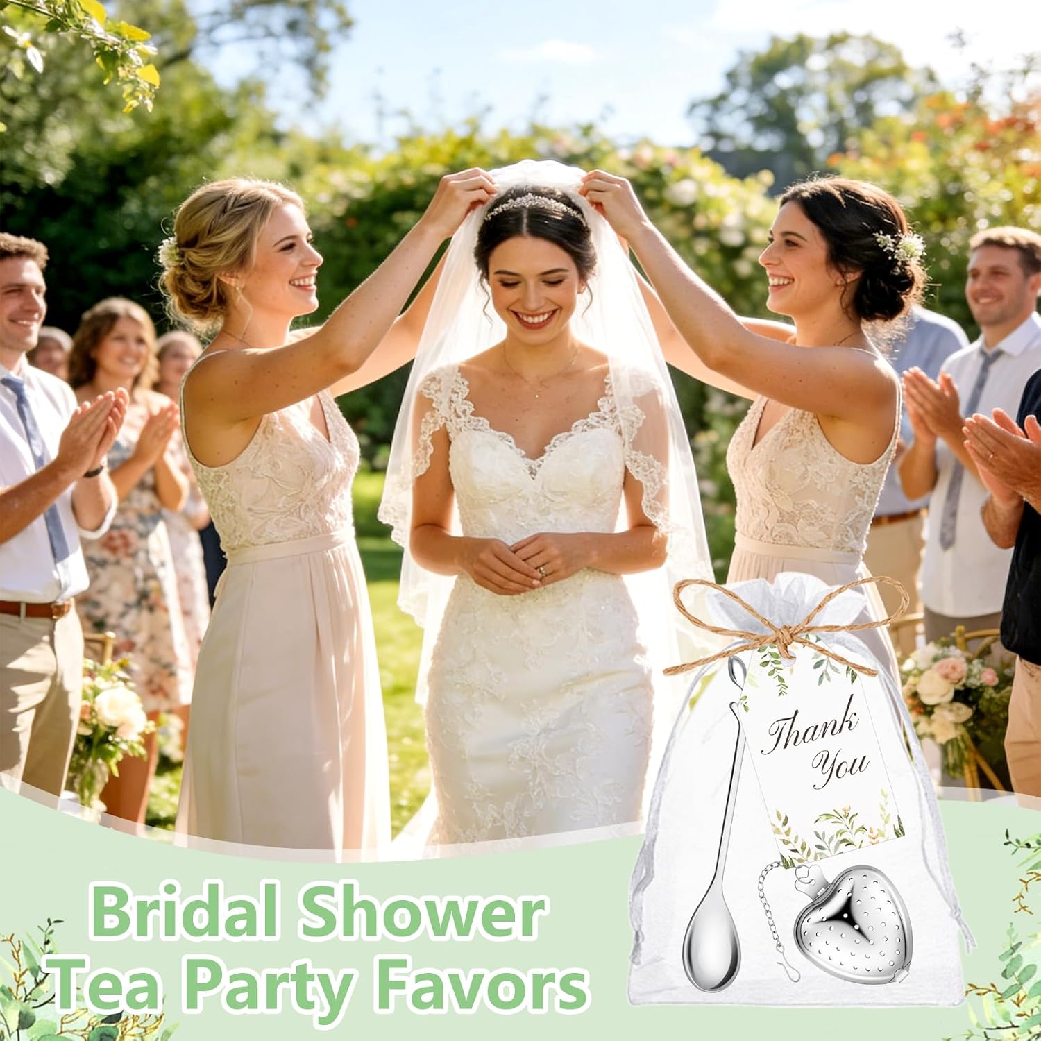 50 Sets Bridal Shower Tea Party Favor for Guests Leaf Tea Spoon Heart Tea Infuser for Loose Leaf Tea Steeper with Thank You Card Organza Bags for Wedding Decoration Gift Souvenirs (50, Silver)