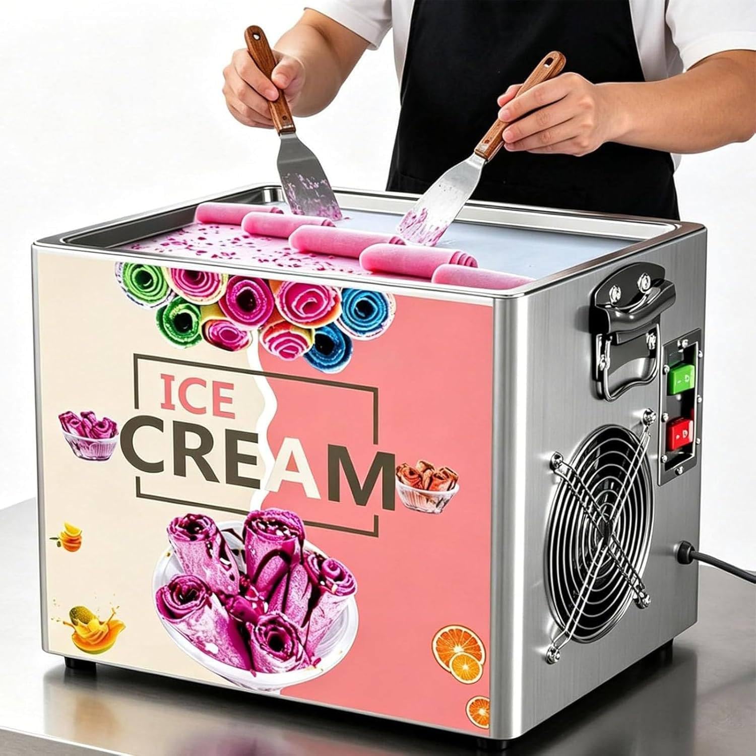 LSHFYV 330W Pink Stainless Steel Tabletop Electric Ice Cream Roll Maker