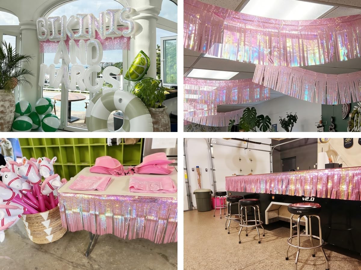 4 Pack Iridescent Pink Total 40 Feet Foil Fringe Garland Metallic Tinsel Banner Wall Hanging Drapes Parade Float Skirting Decorations for Trailer Mardi Gras Party Birthday Wedding