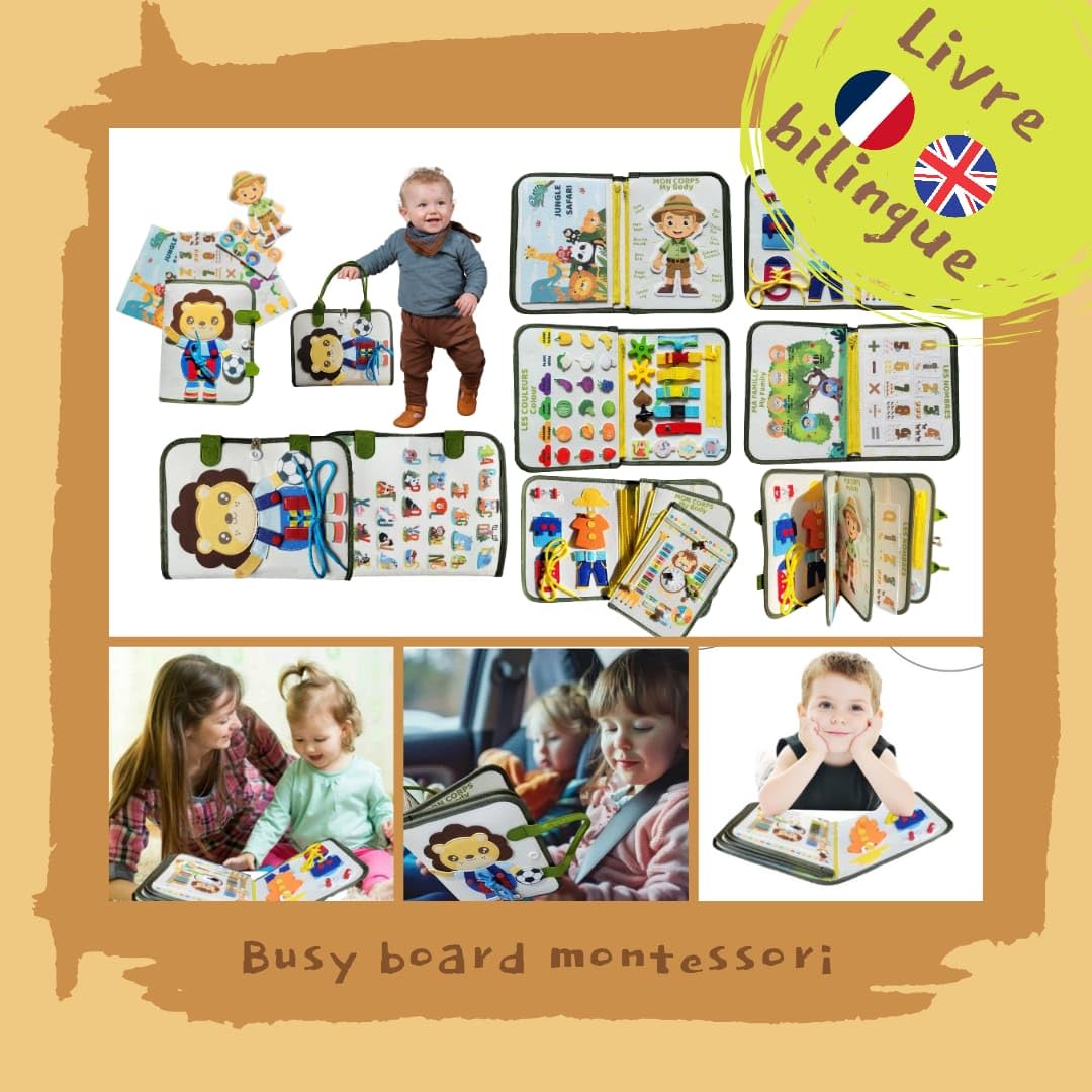 Générique Jouet Éducatif Montessori 9-en-1 – Busy Board Bilingue Français/Anglais, Développement Sensoriel, Motricité Fine & Apprentissage Ludique pour Enfants de 1 à 5 Ans
