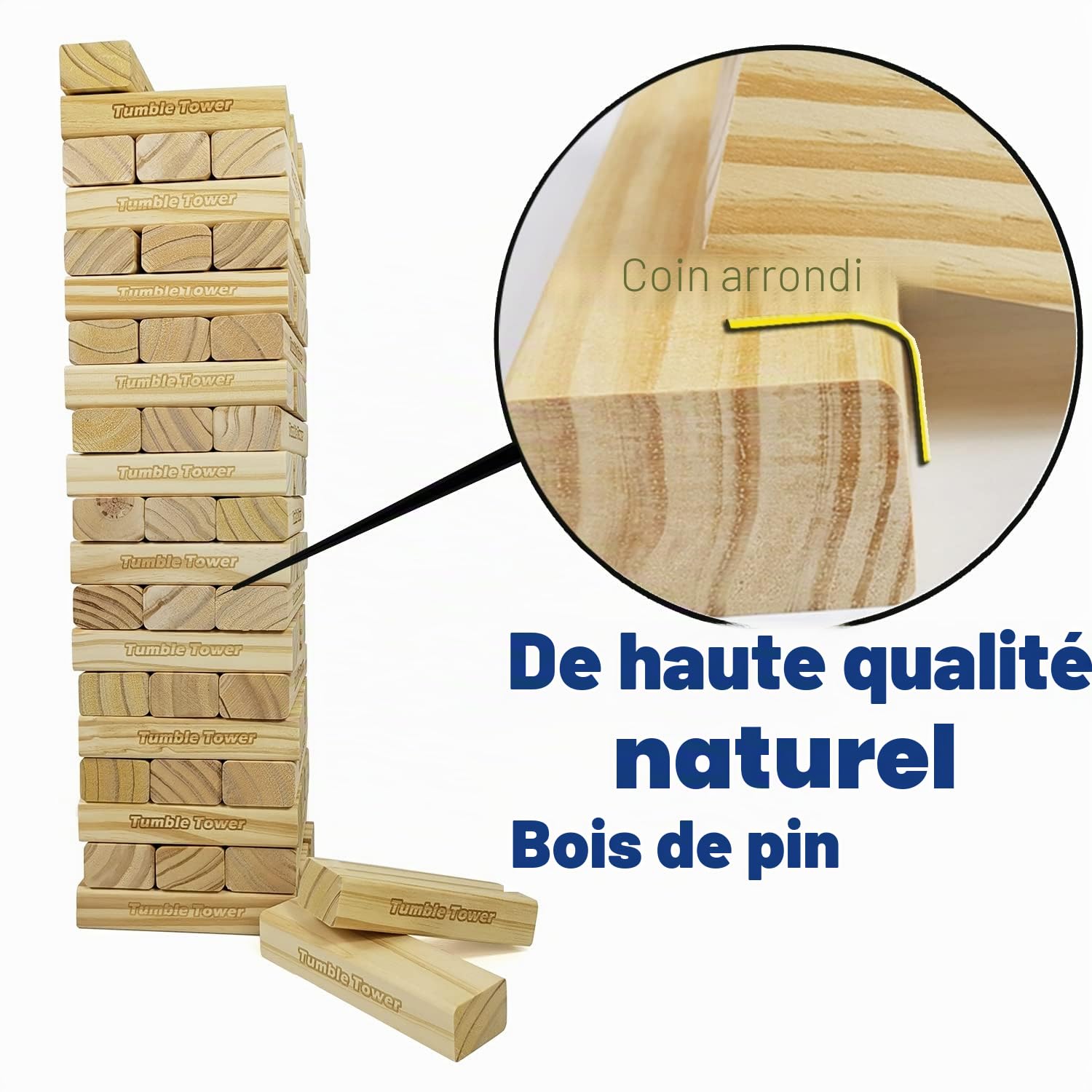 Jac & Mok Jumbo Tumble Tower Lot de 60 blocs en pin avec sac de transport
