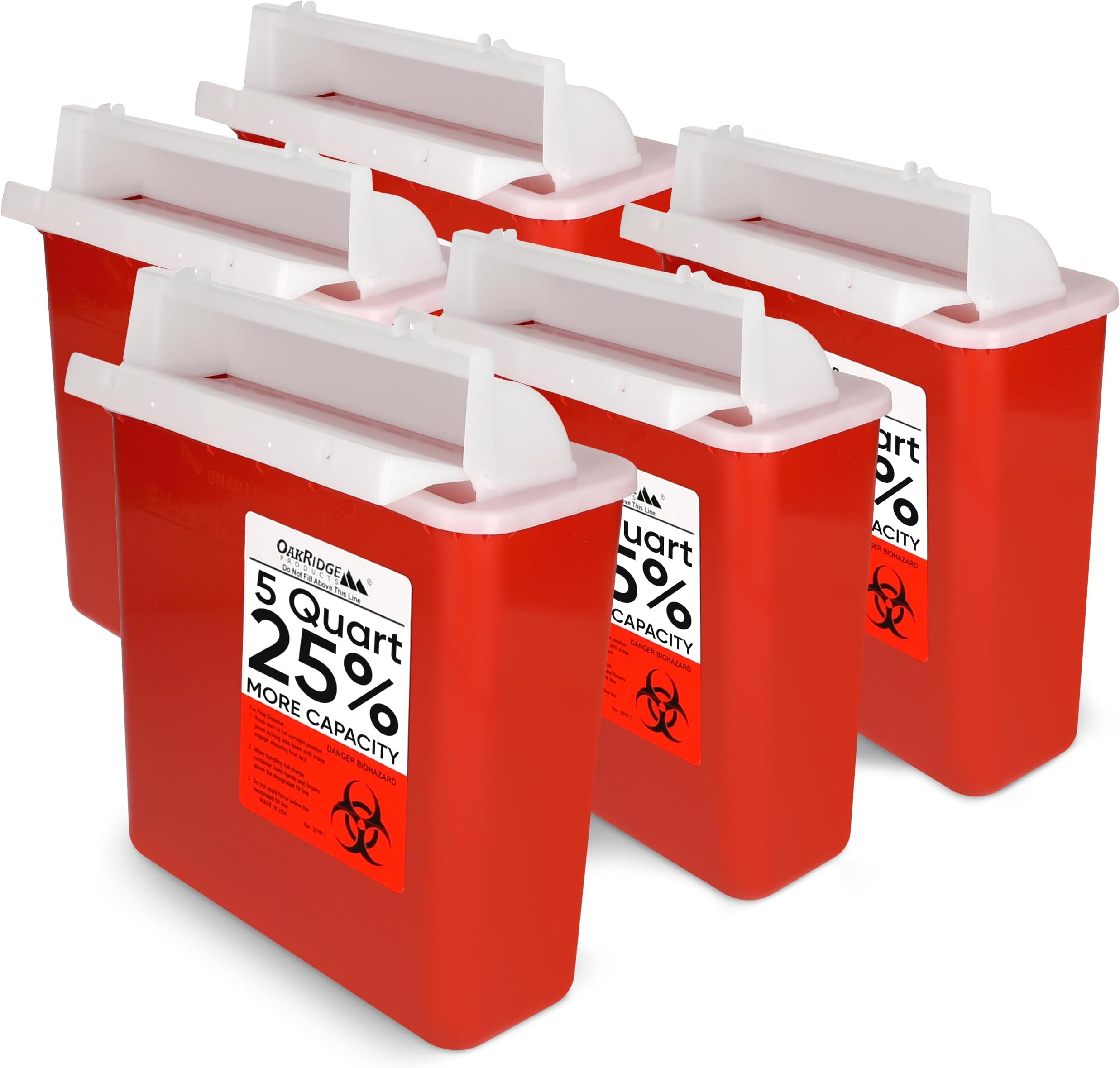 Oakridge Products Sharps Container for Home Use and Professional 5 Quart (5-Pack), Biohazard Needle and Syringe Disposal, Mailbox Style Lid, CDC Certified