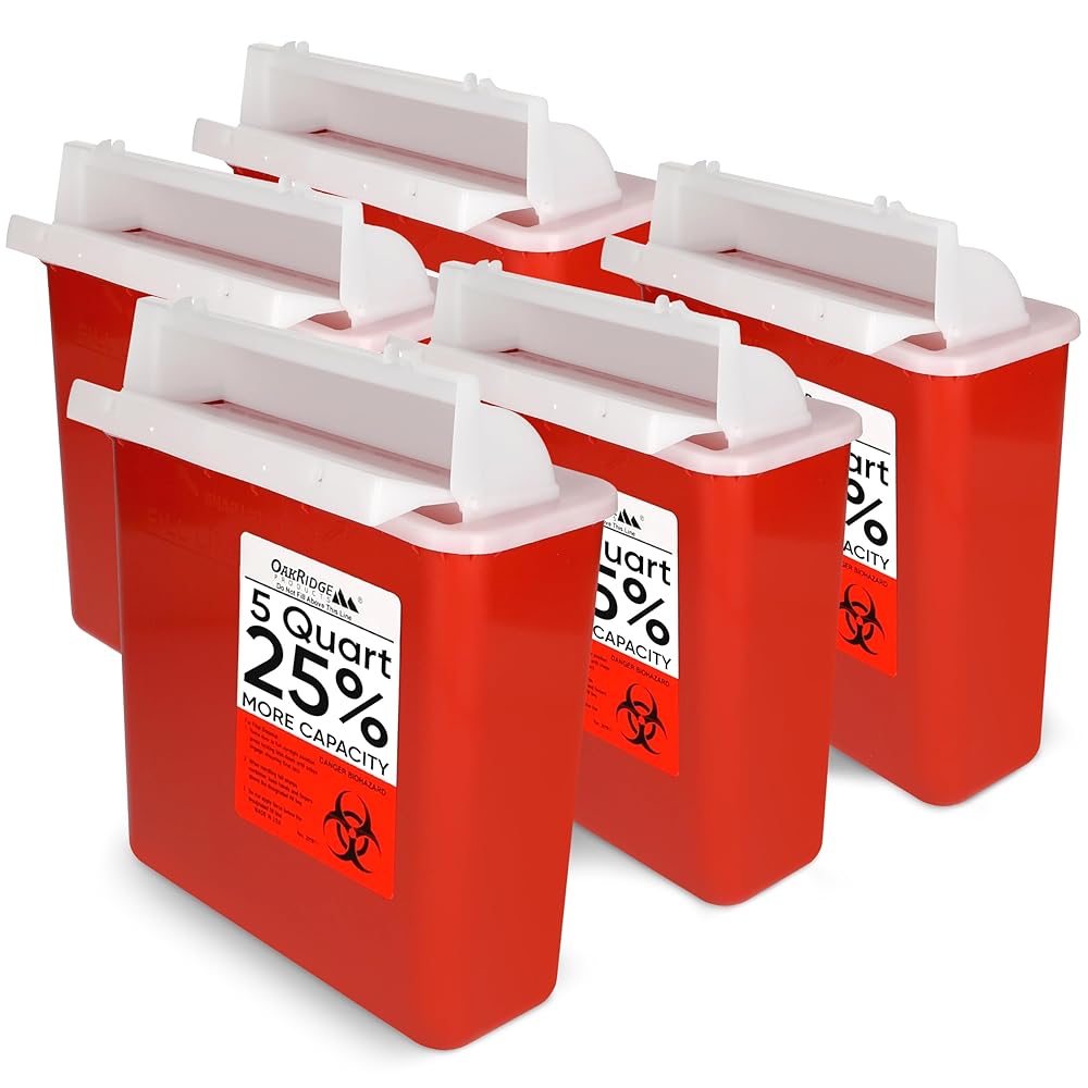 Oakridge Products Sharps Container for Home Use and Professional 5 Quart (5-Pack), Biohazard Needle and Syringe Disposal, Mailbox Style Lid, CDC Certified