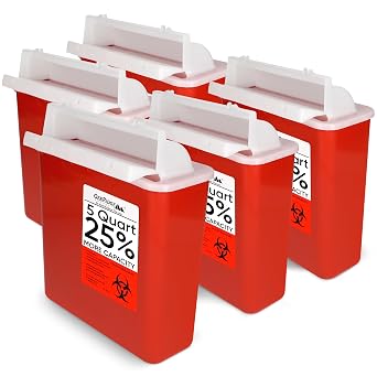 Oakridge Products Sharps Container for Home Use and Professional 5 Quart 5-Pack, Biohazard Needle and Syringe Disposal, Mailbox Style Lid, CDC Certified