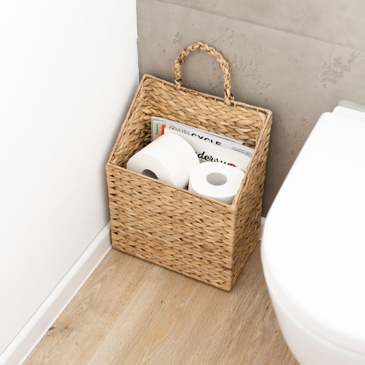 HMF wiszący kosz pleciony z hiacyntu wodnego do gazet do zawieszenia | 30 x 17,5 x 38 cm